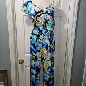 Watercolor Floral Ruffle Jumpsuit – One Shoulder, Belted Waist, Summer Chic